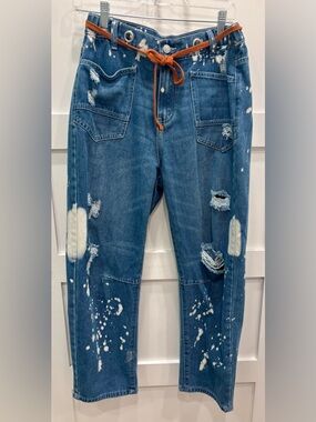 Distressed Paint Splattered Blue Denim Jeans with Wide Legs